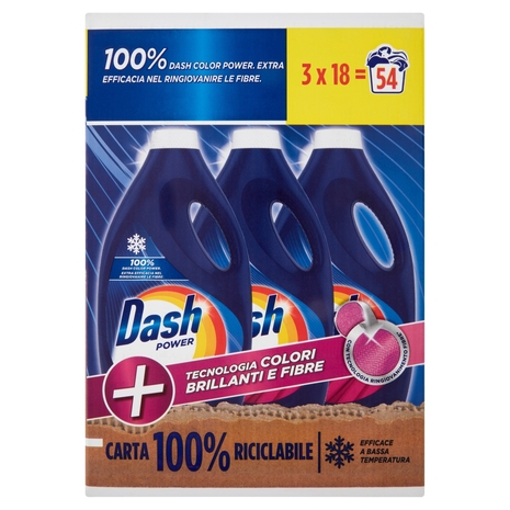 Dash Power Detersivo Lavatrice Liquido Bucato+Tecnologia Colori Brillanti e Fibre 3x18=54Lav.3x990ml